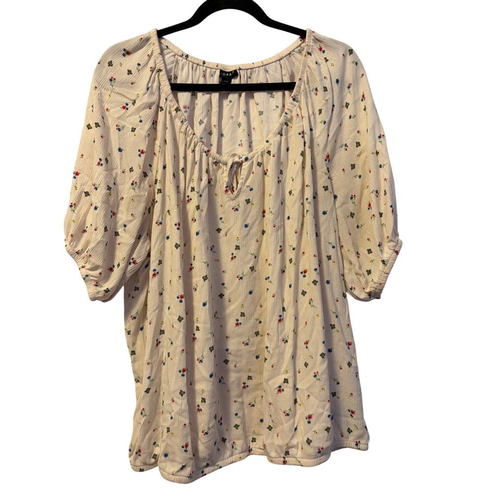 Torrid Washable Crinkle Gauze Blouson Short Sleeve Crop Top Cream Floral Sz 1X